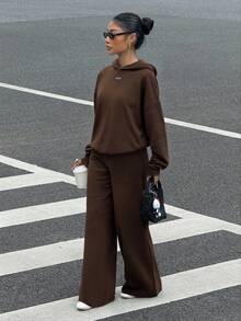 SHEIN EZwear 休闲宽松连帽衫和运动裤字母印花街头风运动套装，大码，秋冬款 - 棕色 - 查看 3