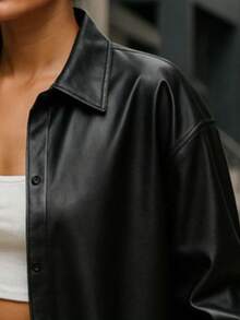 Camisera de vinipiel afelpada oversize para mujer, tipo chamarra ligera - Negro - Ver 3