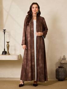 Al Najma Áo choàng Abaya Ả Rập hở phía trước cổ điển kiểu Trung Đông mới dành cho nữ màu nâu in họa tiết nhuộm loang - màu nâu - Xem 2