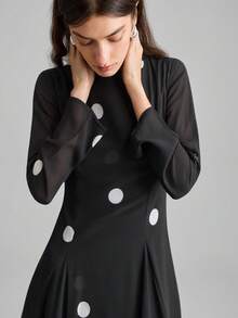 Ontre 2026春夏女士长款波点连衣裙，黑白配色，适合派对和情人节穿着，A字版型，收腰设计，长袖，圆领，休闲时尚，商务休闲，通勤穿着，显瘦，都市日常穿搭，简约优雅，百搭长裙 - 黑色 - 查看 4