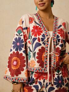 Travachic Bộ đồ 2 món áo dài tay in họa tiết hoa mơ cỡ lớn cho nữ, áo cánh thắt nơ phía trước, trang phục đầu xuân lãng mạn - Màu be - Xem 5