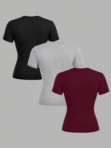 SHEIN EZwear 3件套女士休闲修身长袖T恤套装，黑色、灰色、酒红色，饰有花卉刺绣图案 - 彩色 - 查看 2