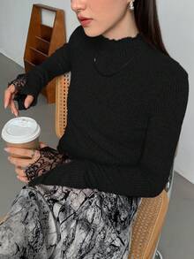 FRIFUL Women's Lace Splice Collar Slim Fit Ribbed Fashionable T-Shirt - Black - View 5