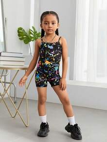 SHEIN Peto de tirantes impreso con tinta fluorescente para niña joven - Multicolor - Ver 3