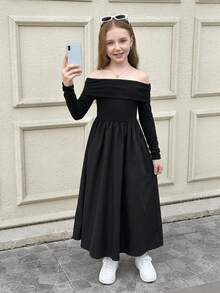 SHEIN 黑色露肩长袖连衣裙 黑色长款修身连衣裙 2 件套休闲校园风格套装，适合返校、派对、婚礼 黑色露肩长裙 - 黑色 - 查看 5