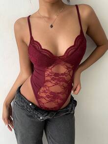 Aloruh Solid Color Spaghetti Strap Sexy Lace Bodysuit For Women,Bodysuits For Women Maroon Top Wine Red Top Burgundy Top Dark Red Top,Bodysuits For Women,Valentine's Day - Burgundy - View 5