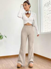 SHEIN EZwear High Waist Flare Leg Khaki Knit Pants In Fall/Winter - Apricot - View 7