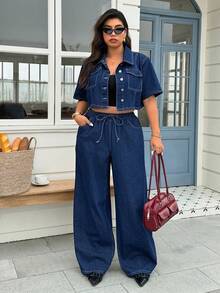 SHEIN ICON Women Plus Size Short Sleeve Fashion Washed Dark Denim Jacket