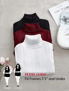 SHEIN PETITE CURVE 大码三件套百搭经典套头衫保暖休闲女式毛衣套装，秋冬款 - 酒紅色 - 查看 1