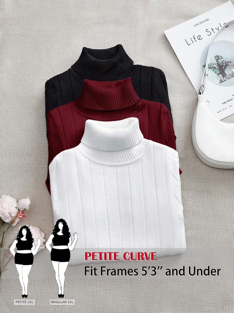 SHEIN PETITE CURVE 大码三件套百搭经典套头衫保暖休闲女式毛衣套装,秋冬款 - 酒紅色 - 查看 1