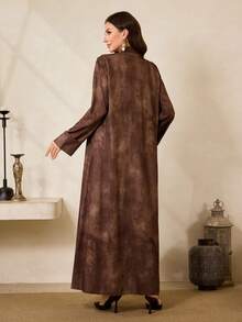 Al Najma Áo choàng Abaya Ả Rập hở phía trước cổ điển kiểu Trung Đông mới dành cho nữ màu nâu in họa tiết nhuộm loang - màu nâu - Xem 3