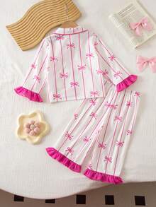 SHEIN 可爱休闲针织粉色蝴蝶结荷叶边长袖睡衣套装，适合女宝宝 - 粉色 - 查看 3