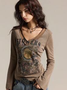 Easelle 女士V领蝴蝶印花时尚百搭喇叭袖T恤 - 咖啡棕 - 查看 1