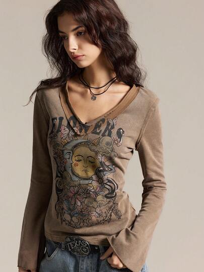 Easelle Vintage Women's V-Neck Butterfly Print Fashionable Versatile Flare Sleeve T-Shirt Vintage Washed Floral Print