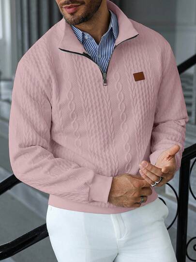 Manfinity CasualCool Men's Casual Solid Color Textured Zip-Up Stand Collar Sweatshirt,Men's Autumn New Solid White Minimalist Casual Zippered Pullover Sweatshirt,For Men,Versatile Items For Daily Commuting, Travel