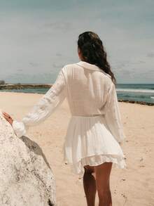 Swim Chiccia Frühling/Sommer Elegant Herbst Neu 1 Stück Gewebtes Weißes Perlen-Dekor Langarm Asymmetrischer Rüschensaum Resort-Stil Damen Badekleid - Weiss - Übersicht 3