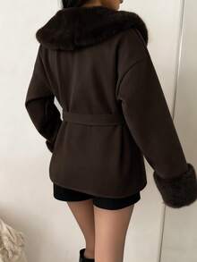 MainGRL Women's Fashionable & Elegant Coffee Brown Suede Blend Jacket, Suitable For Autumn/Winter Outings, Back To School And Daily Wear, Women's Winter Clothing - Coffee Brown - View 2