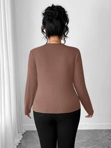 Elenzga Áo thun dài tay ôm sát thiết kế nhẫn trơn màu dành cho nữ - màu nâu - Xem 2