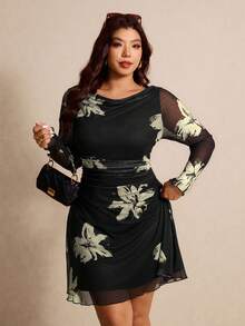 Elaquor 大码女士优雅印花荷叶边连衣裙，秋季 - 杏色 - 查看 6