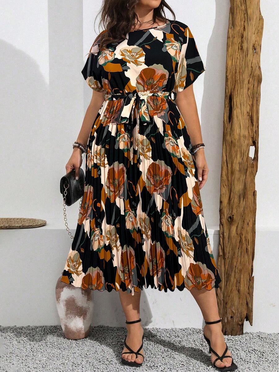 Vionelle Đầm Maxi Tay Cánh Dơi In Họa Tiết Mùa Hè Cỡ Lớn Có Viền Xếp Ly Cho Nữ - màu đen - Xem 1