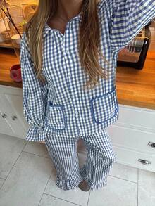 CovetEZ 女士蓝白格子编织休闲家居服两件套 - 藍色 - 查看 4