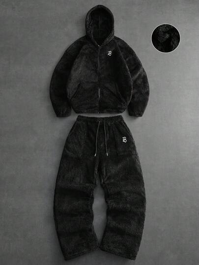 PAVTROS Men Hoodie Co-Ords,Men's Streetwear,Baggy,Brand,I Love My Boyfriend,Graphic,Boyfriend,Hodddie,Fuzzy, Warm Fabric With Embroidered Patterns Paired With A Hooded Sweatshirt Set