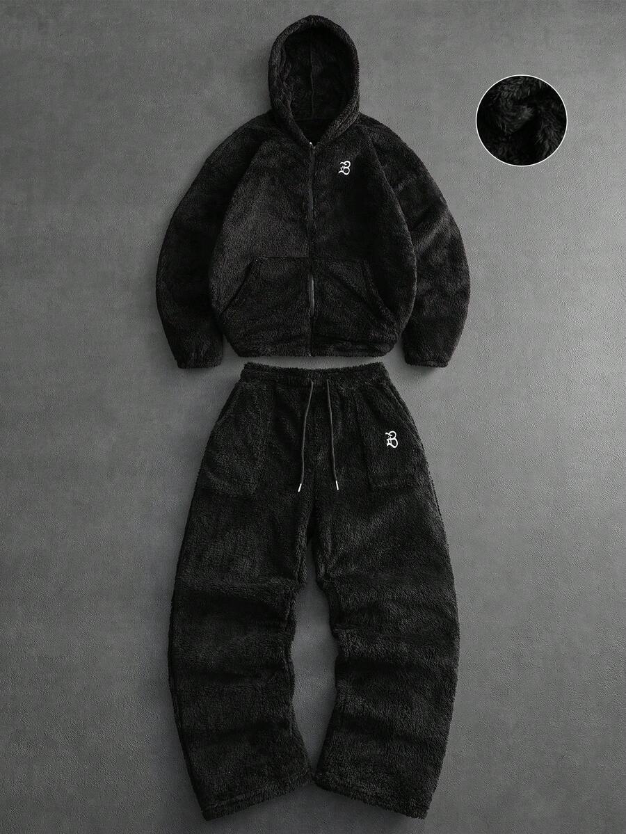 PAVTROS 男士连帽衫套装，男士街头服饰，宽松，品牌，“我爱我的男朋友”，图案，男朋友，连帽衫，毛绒保暖面料，饰有刺绣图案，搭配连帽卫衣套装 - 黑色 - 查看 1