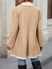 SHEIN Clasi 女士毛绒拼接前扣简约休闲常规外套（秋冬季款） - 杏色 - 查看 2