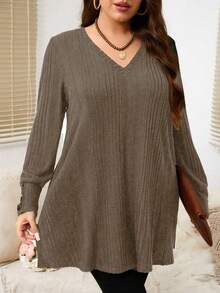 EMERY ROSE Plus Size Women's Solid Color V-Neck Long Sleeve Button Design Casual Ribbed T-Shirt - Brown - View 4