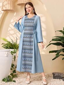 SHEIN 少女蓝色迷雾蓝色亚麻雪纺拼接印花流苏系腰休闲连衣裙，春夏款 - 藍色 - 查看 6