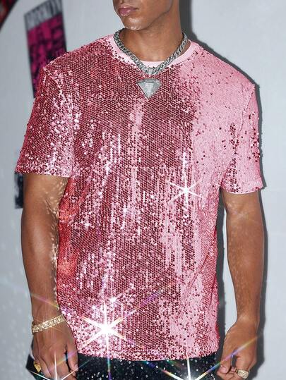 HIMLAND 男士休闲宽松串珠短袖亮片T恤，适合派对、朋友聚会