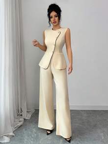 Modelyn Women's Elegant Commuter 2 Pieces Set, Apricot Sleeveless Top And Straight Leg Pants, Spring/Summer