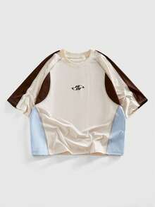 ROMWE MEN Street Life 男士休闲时尚街头通勤字母印花撞色插肩袖宽松T恤，夏季 - 白色 - 查看 1