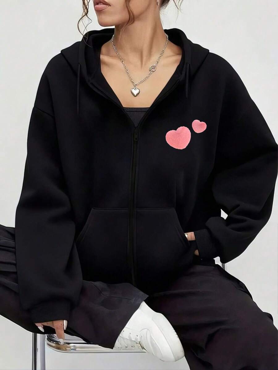 Sudadera con capucha de cierre completo con estampado de corazones rosas para uso diario y ocasiones casuales - Negro - Ver 1