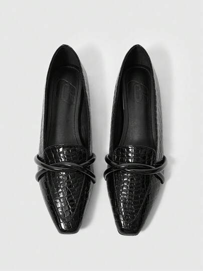 Sleekvia 女士方头平底鞋，黑色压花交叉带，软底舒适复古乐福鞋，日常通勤办公室平底鞋