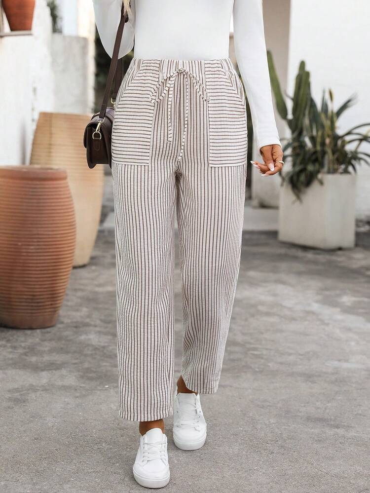 Women's Casual Elastic Waist Straight Leg Striped Pants, Spring/Summer/Autumn Joggers Women Striped Stripe Pants Women Casual Pants Women Summer Pants Lace Up Pants