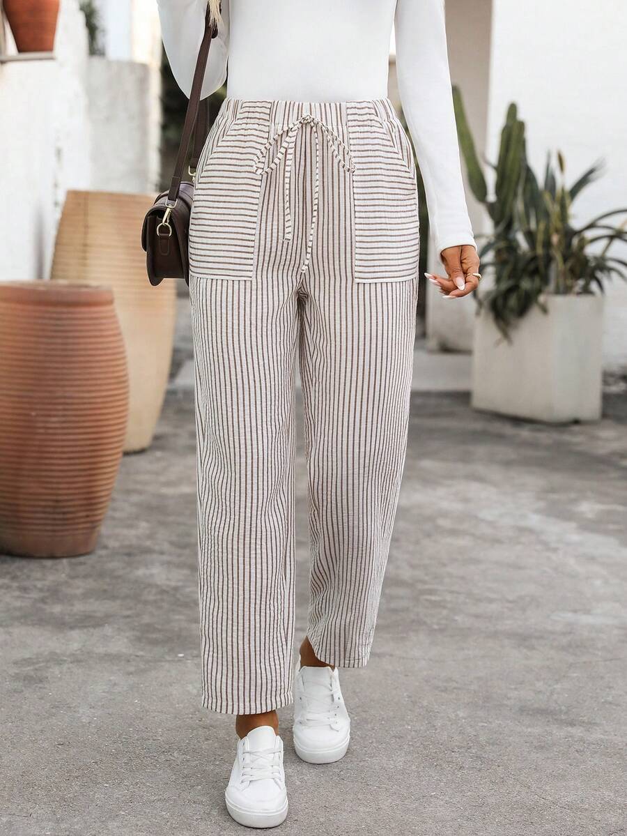 EMERY ROSE 女士休闲弹力腰直筒条纹裤，春夏秋季 - 彩色 - 查看 1
