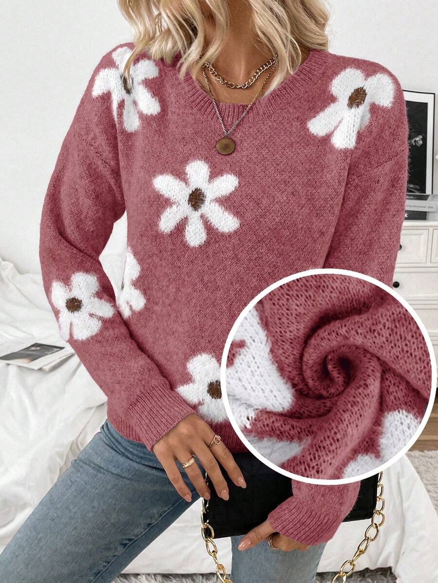 EMERY ROSE 女士休闲蓬松花朵图案圆领落肩长袖针织套头毛衣，秋冬款 - 玫瑰紅 - 查看 1