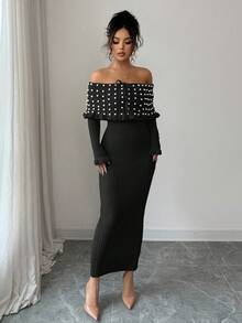 Rafferiza Váy len trễ vai co giãn dài tay màu trơn thắt nơ cho nữ, Váy len trễ vai ve lớn đính ngọc trai thanh lịch kiểu Pháp, Váy maxi dệt kim thu/đông, Váy len trở lại trường, Lễ hội âm nhạc, Giáng sinh, Váy tiên, Váy dự tiệc cưới mùa thu - màu đen - Xem 3