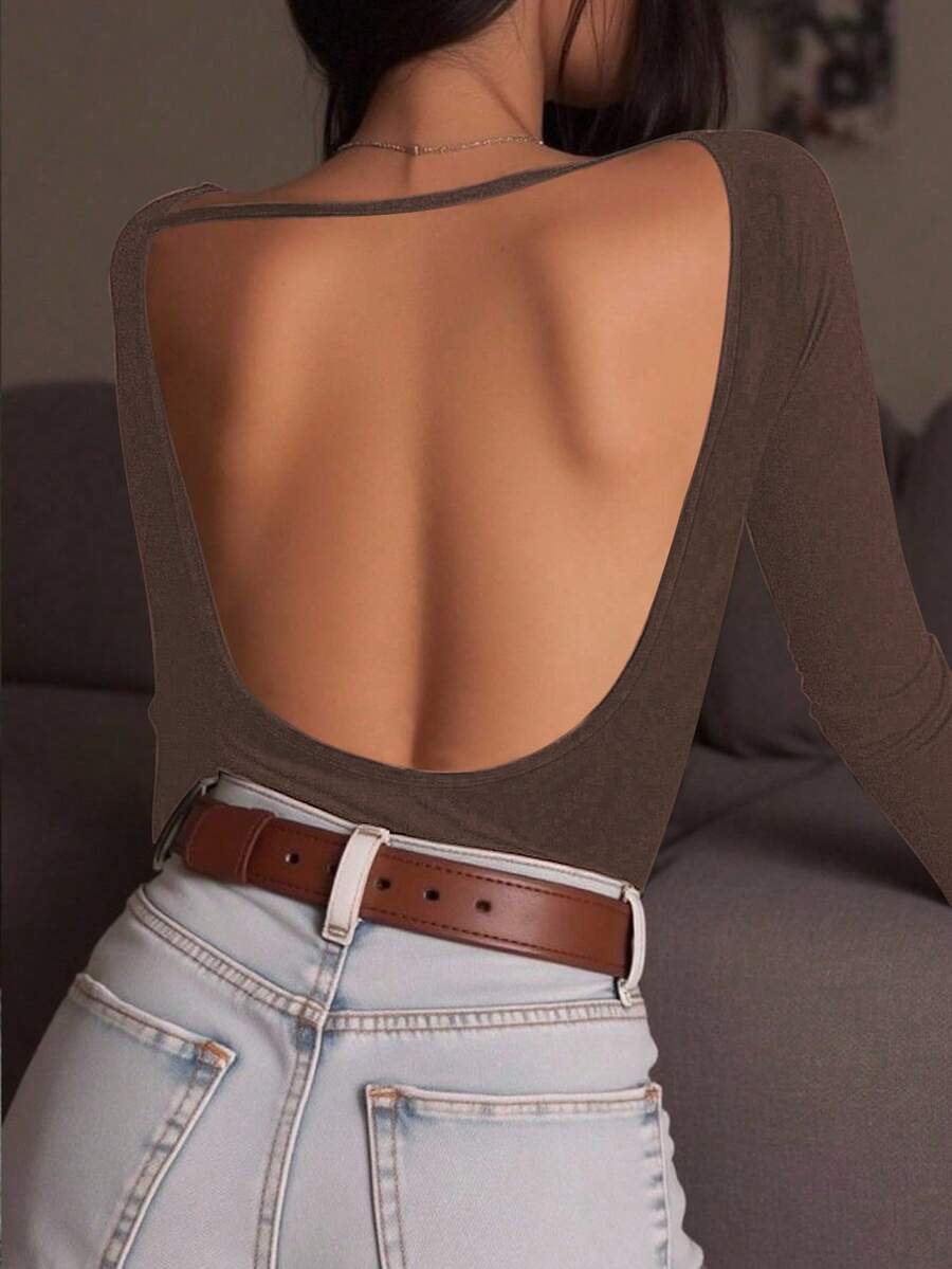 INAWLY 女士撞色露背船领修身时尚长袖T恤 - 棕色 - 查看 1
