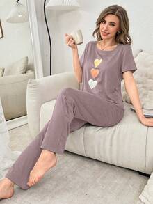 3pcs Heart Print Casual Women Pajama Set - Dusty Pink - View 5