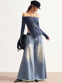 Bohemela 1 Áo thun nữ tay dài lệch vai dệt kim màu trơn - Màu xanh lam - Xem 8