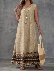 EMERY ROSE 女士V领印花复古图案无袖连衣裙 - 彩色 - 查看 3