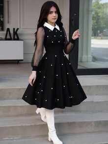 Sparklyn Girls' Pearl Decor Mesh Sleeve Shirt Collar Dress, Suitable For Vacation, Elegant Gala, Back To School Or Halloween - Black - View 3