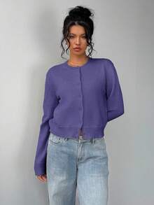SHEIN BASICS Áo khoác cardigan dáng rộng màu trơn cổ tròn tay dài màu đen cho nữ, áo đi học vào mùa thu/đông - Màu tím - Xem 3