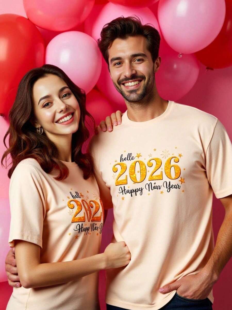 Manfinity NXTstreet 男士休闲字母数字印花圆领短袖T恤，新年款 - 卡其色 - 查看 1