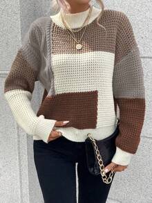 EMERY ROSE 女士撞色落肩长袖休闲宽松套头毛衣，秋冬款 - 彩色 - 查看 6