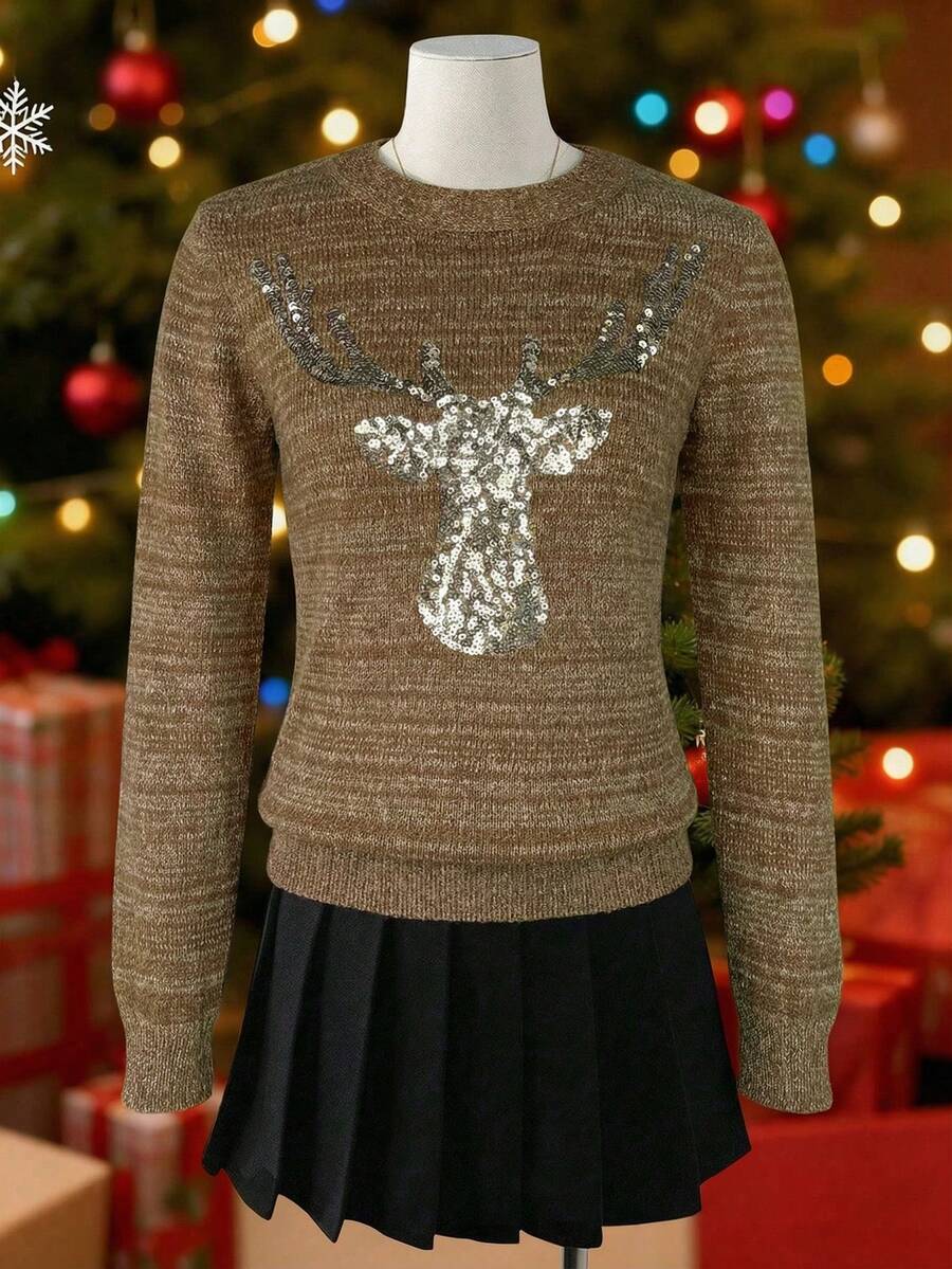 Franclia Suéter de punto de cuello redondo de manga larga con estampado de ciervos para mujer, suéter elegante francés de otoño/invierno con lentejuelas brillantes, top de punto casual para mujer, capa base elástica y ajustada, para Navidad, Oktoberfest, festivales de música - Marrón - Ver 1