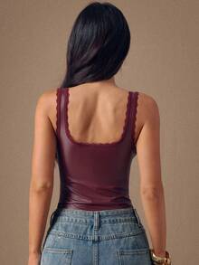 SHEIN BAE 秋冬季纯色酒红色弹力PU吊带背心，女士文胸，酒红色胸罩上衣，女士背心吊带，秋冬季打底吊带，派对鸡尾酒会