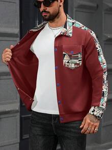 Manfinity Homme Men's Geometric Pattern Long Sleeve Single-Breasted Casual Jacket - Burgundy - View 5